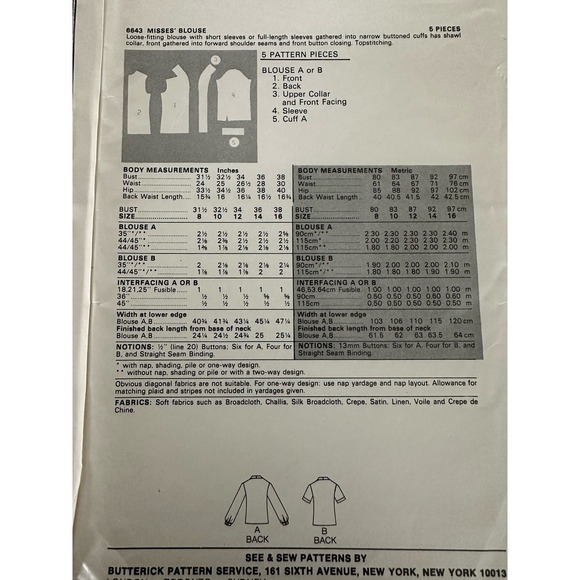 Butterick See and Sew Vintage Uncut Misses Blouse Size 10 Pattern No 6643 - Picture 4 of 7